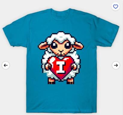 A blue t-shirt featuring a pixel art sheep holding a red heart with the letter "I".