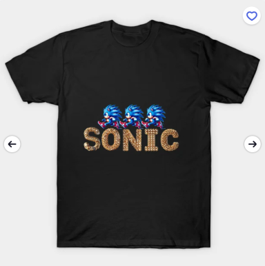 Black t-shirt featuring three Sonic characters and the word "SONIC" in bold letters.