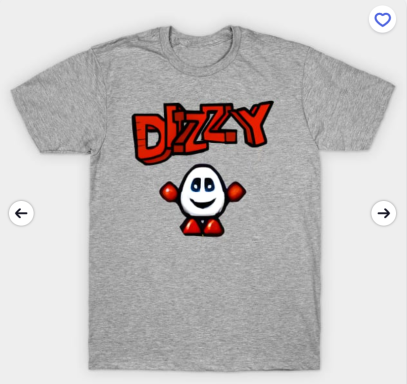 Grey t-shirt featuring the character Dizzy with red text and a cheerful expression.